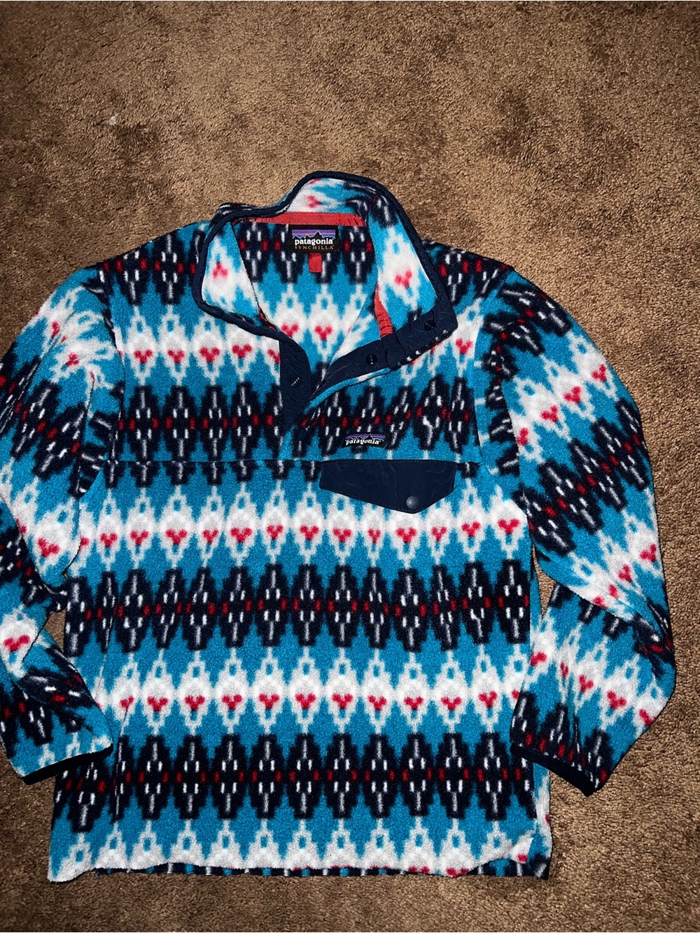 Patagonia Blue, Navy & White Patterned Snap-T Fleece Pullover